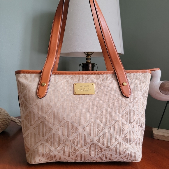 Vintage Lauren Ralph Lauren Medium Shopper Tote Signature Jacquard Tan Leather - Picture 1 of 16